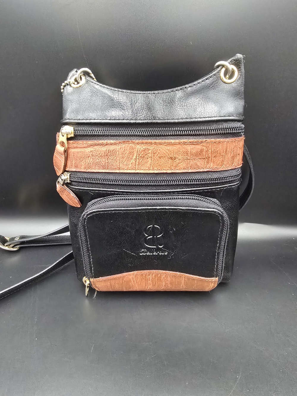 Two-Tone Black & Brown Crossbody Organizer with Gold Hardware